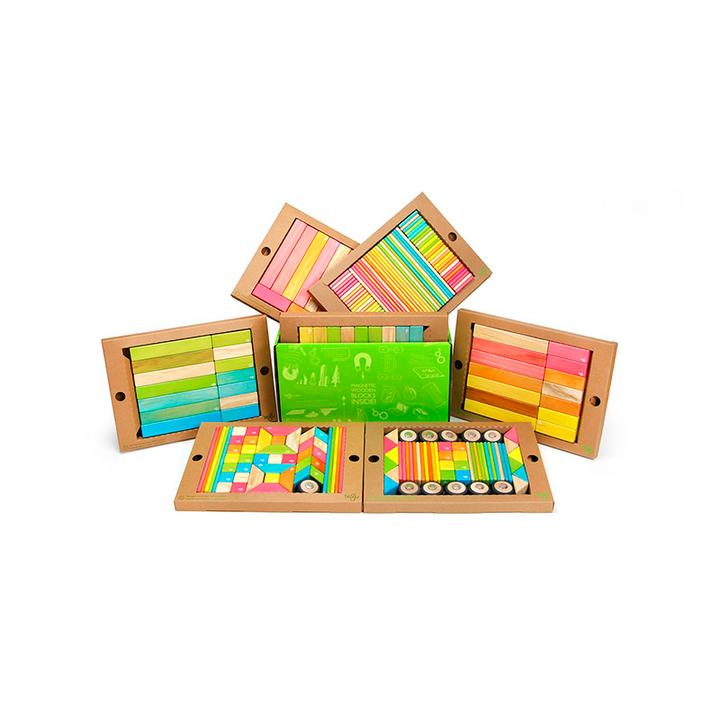 7 boxes of Tegu in brown packaging with green storage box - 240-Piece Classroom Kit Magnetic Wooden Blocks - Bella Luna Toys
