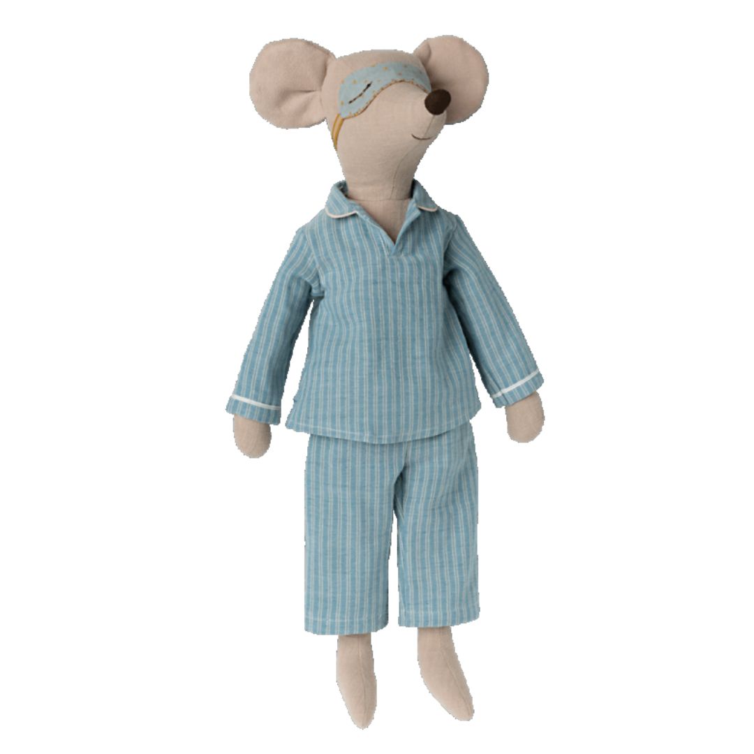 Maileg maxi mouse in blue striped pajamas with a face mask over its eyes.