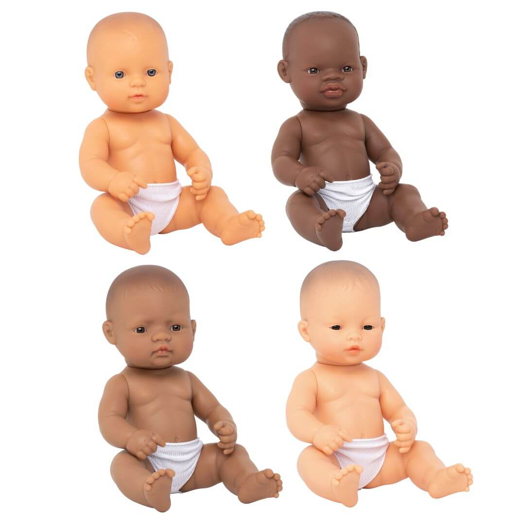 A set of four Miniland 12-inch Realistic Montessori Girl Baby Dolls, each representing a different ethnic background—White, Black, Hispanic, and Asian. Anatomically correct and designed for inclusive, educational play.