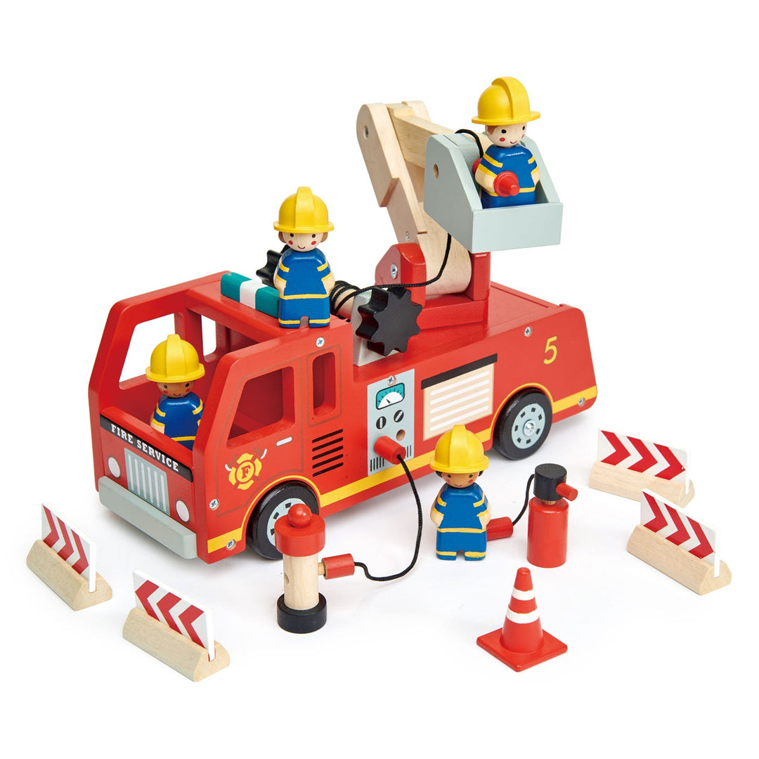 Tender Leaf Toys Wooden Fire Engine and Firefighter Play Set