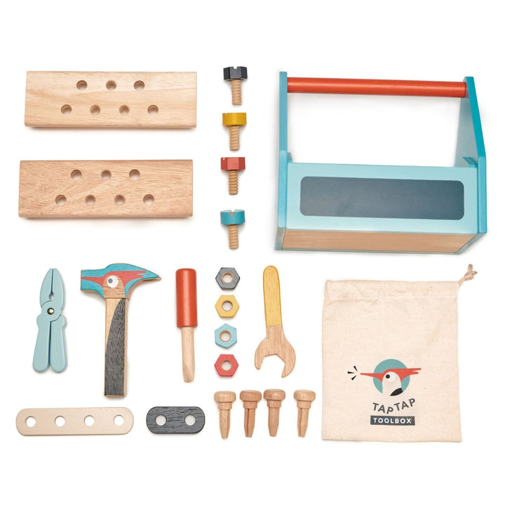 Tools and components of the Tender Leaf Toys Wooden Tap Tap Toolbox