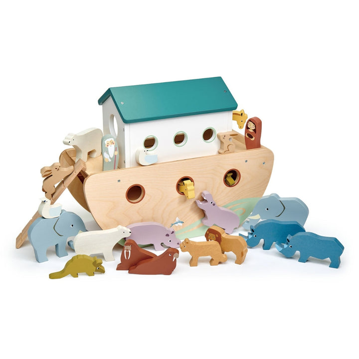 Back view of the Tender Leaf Toys Wooden Noahs Ark with an assortment of wooden animal figures.