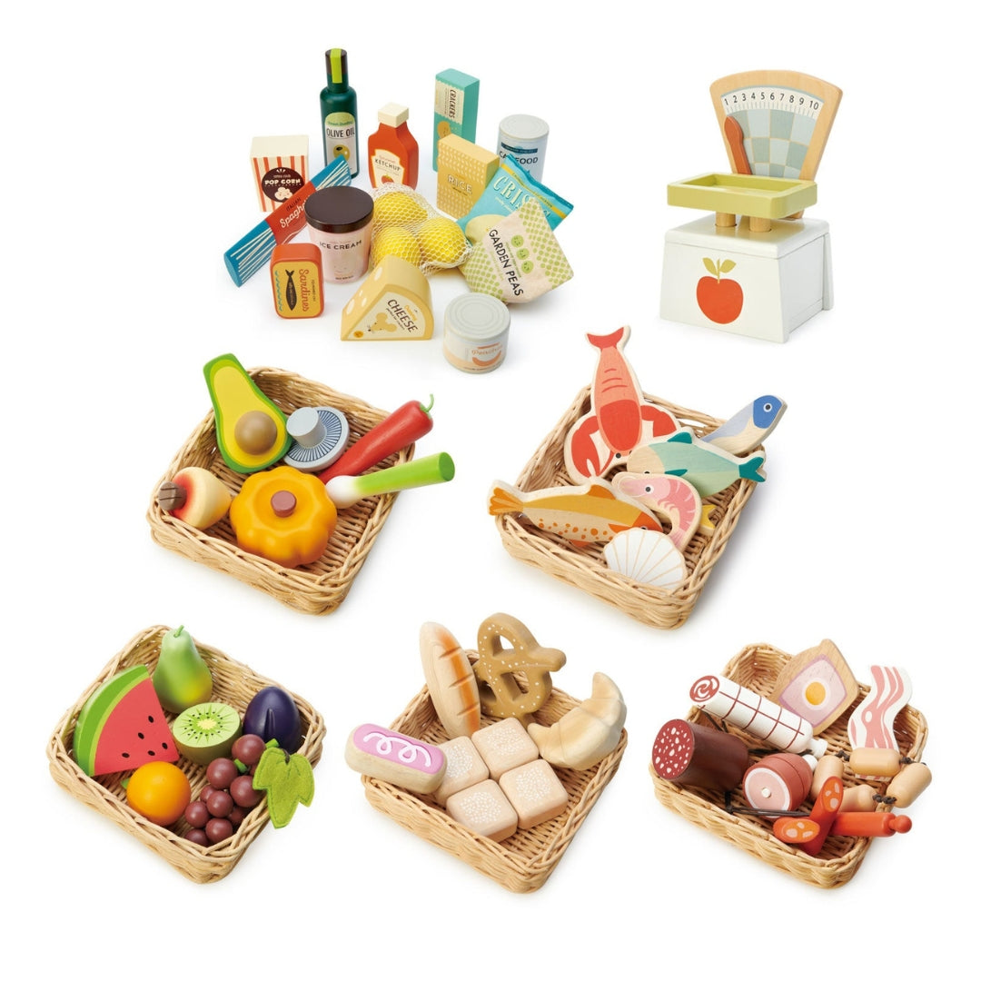 Tender Leaf Toys Wooden Play Food Market Set with 5 baskets, food scale and pantry items.