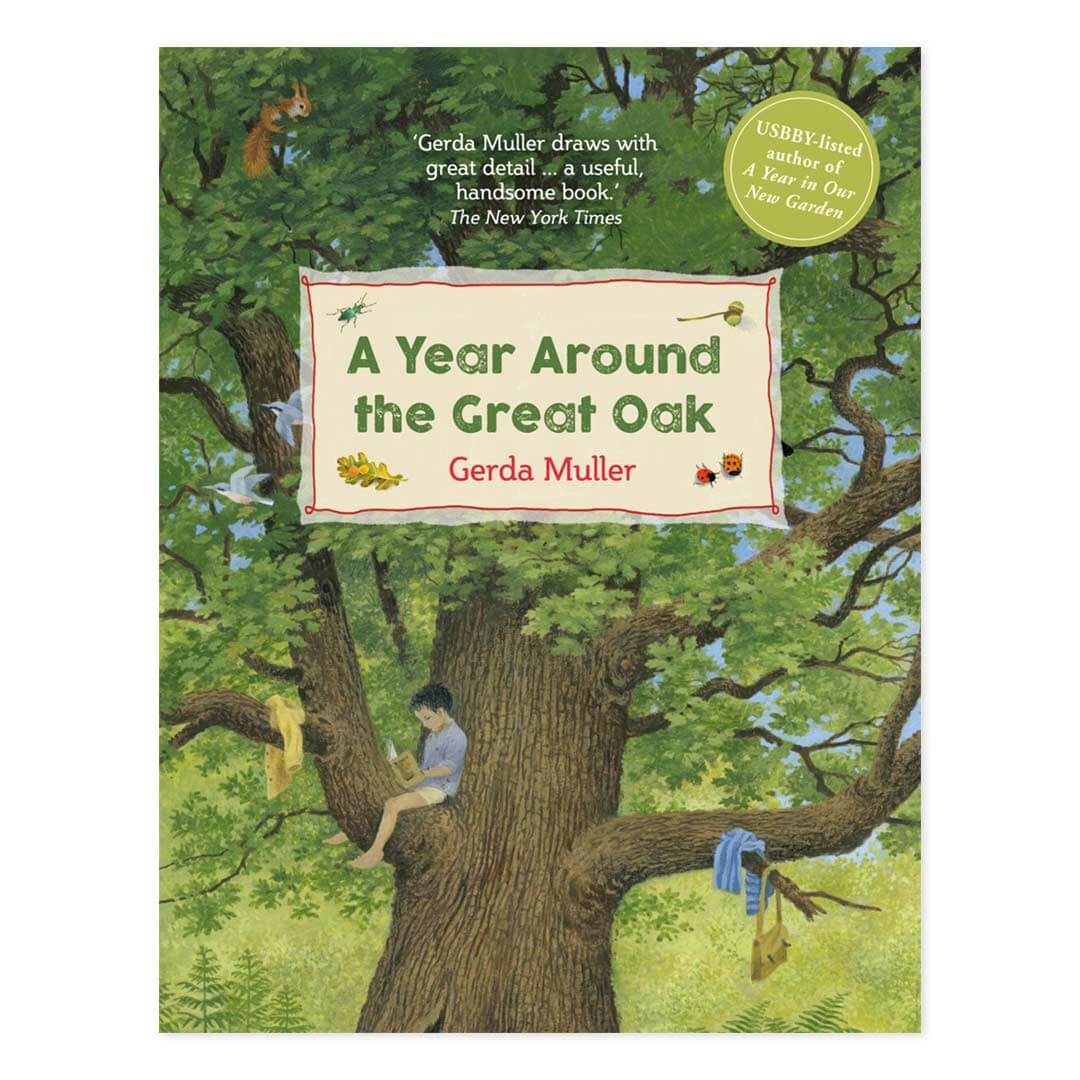 A Year Around the Great Oak book cover with a boy sitting in a large oak tree reading