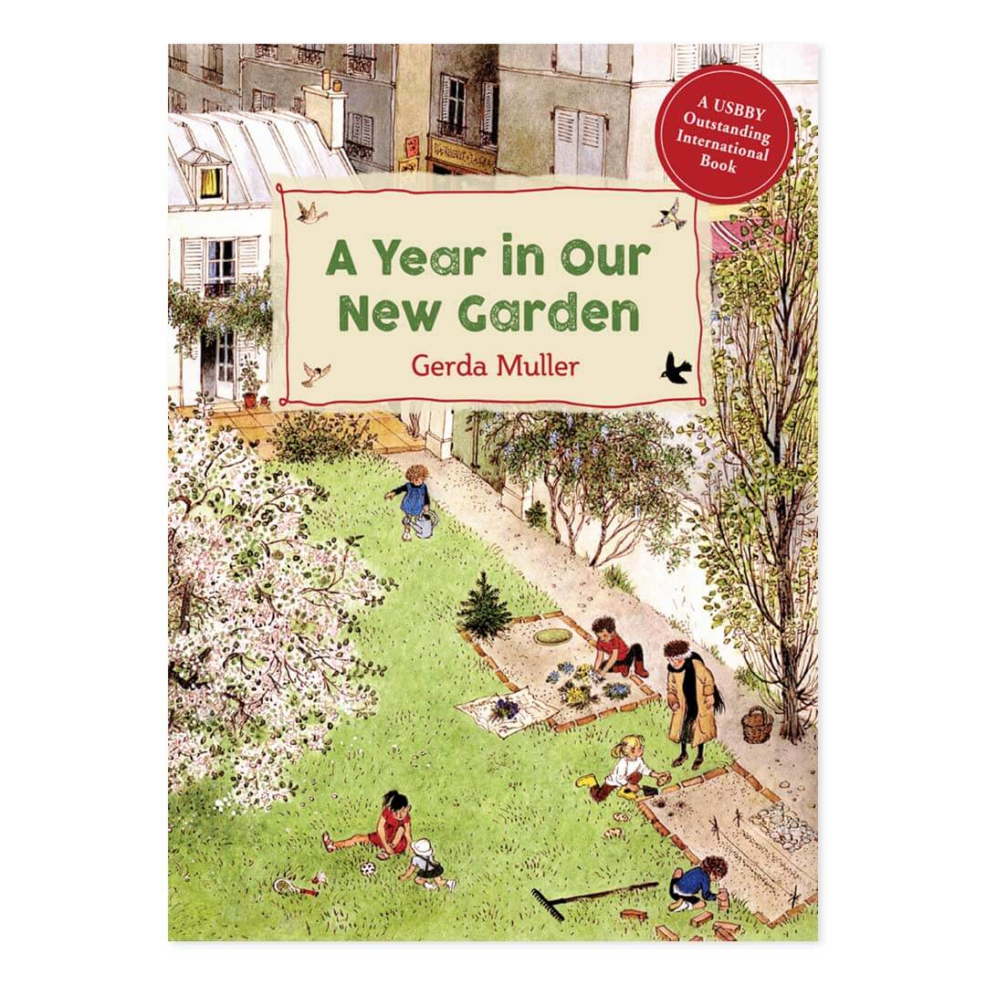 A Year in our New Garden book cover with 6 kids and a grandmother playing in the garden
