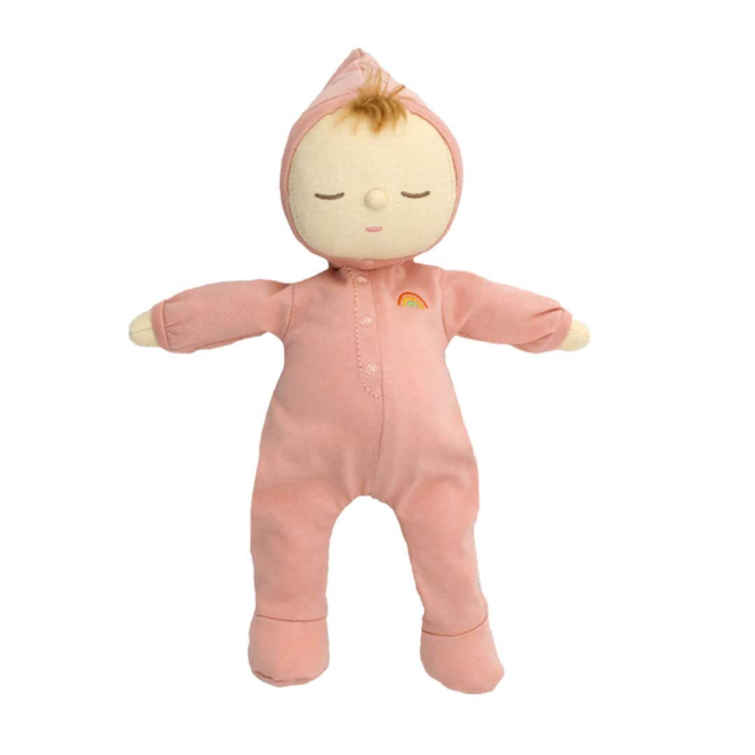 Dozy Dinkum Doll Moppet wearing pink onesie with hood and rainbow on the breast