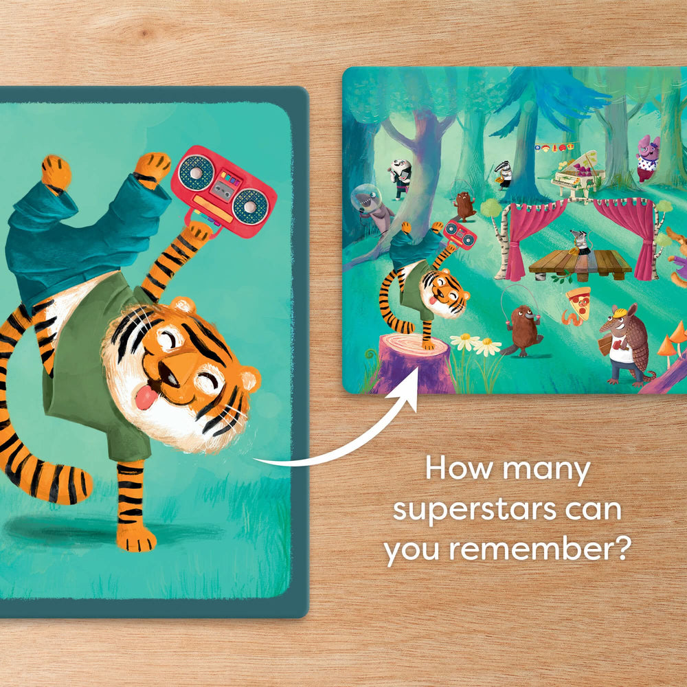 Illustrated cards depicting a dancing tiger and forest animal scene also featuring the tiger on a wooden surface with the text "How many superstars can you remember?"