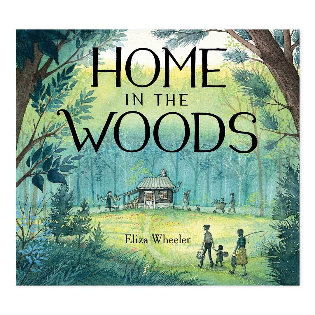 Home in the Woods book cover with a family walking towards a small cabin in the woods