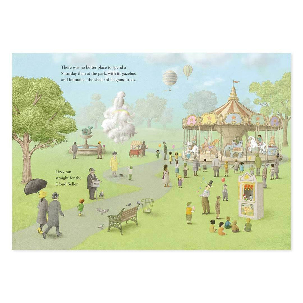 Pages from Lizzy and the Cloud book with a merry go round with lots of families in a park