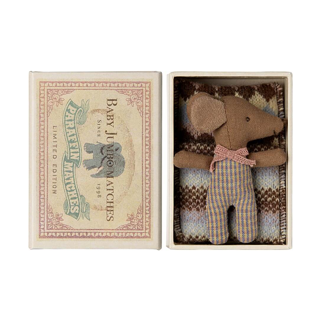 Maileg Sleepy Wakey Baby Mouse in a Matchbox in rose on covers