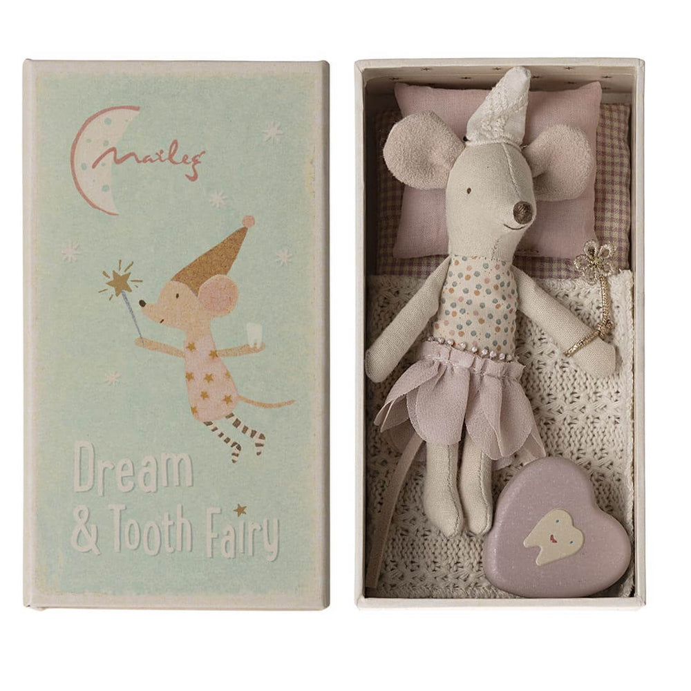 Maileg Tooth Fairy Mouse - Little Sister in matchbox laying on white knitted blanket, pink pillow, and checkered pink mattress with pink tooth box. 