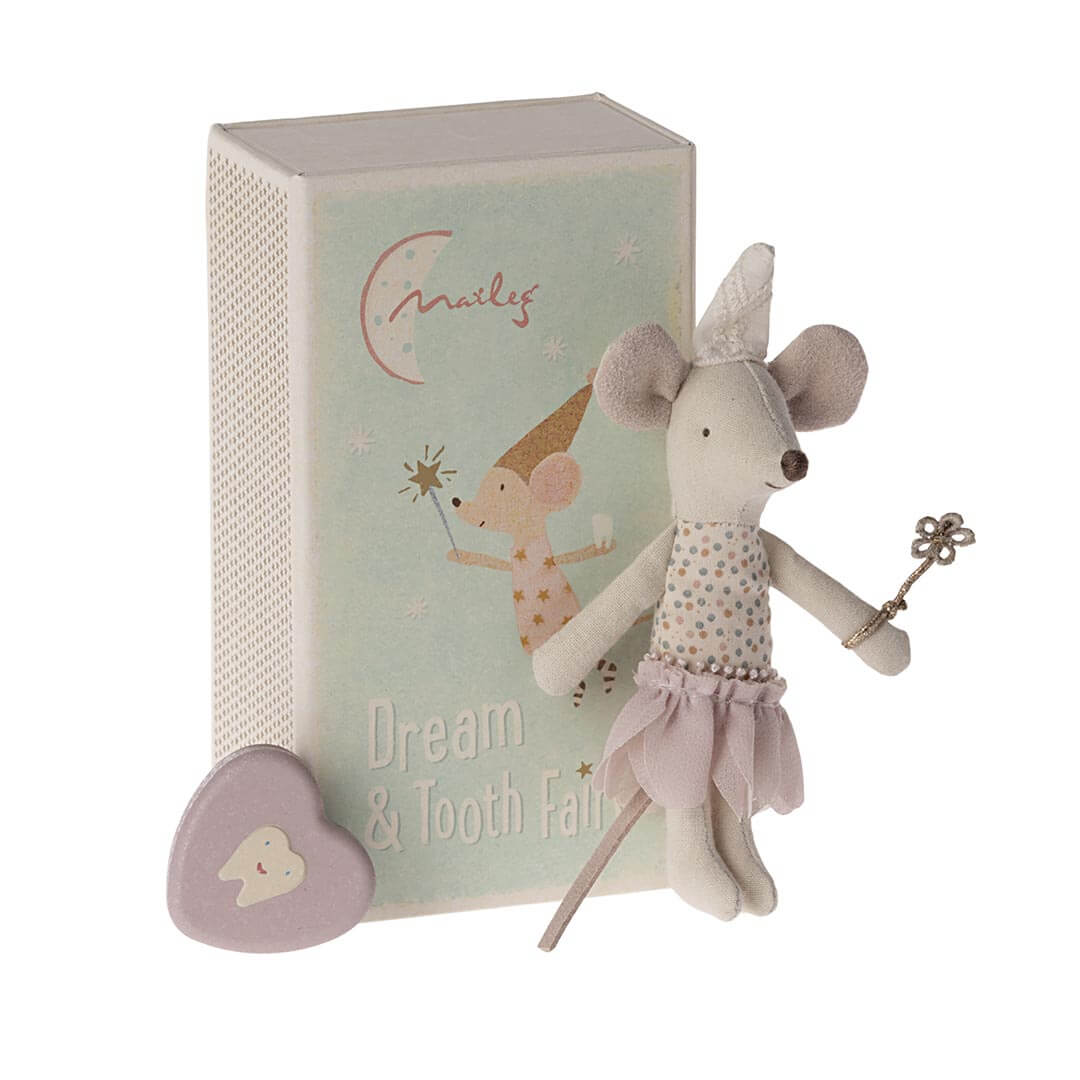 Maileg Tooth Fairy Mouse - Little Sister in matchbox with pink tooth box and little sister with polka dot shirt, pointed hat, pink skirt, and wand attached to her hand