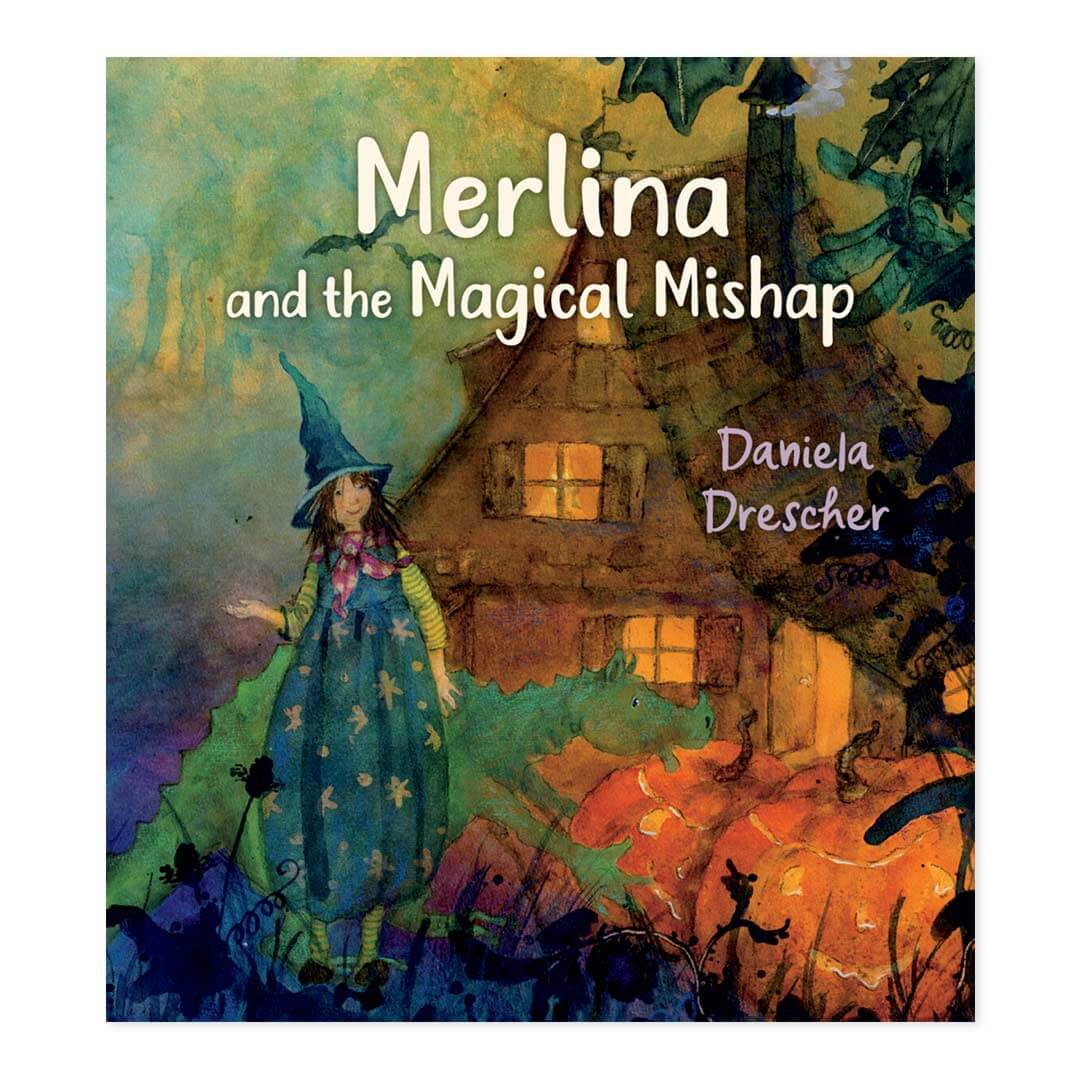 Merlina and the Magical Mishap book cover with a fairy in a green dress and hat standing with a dragon in front of a house in the woods