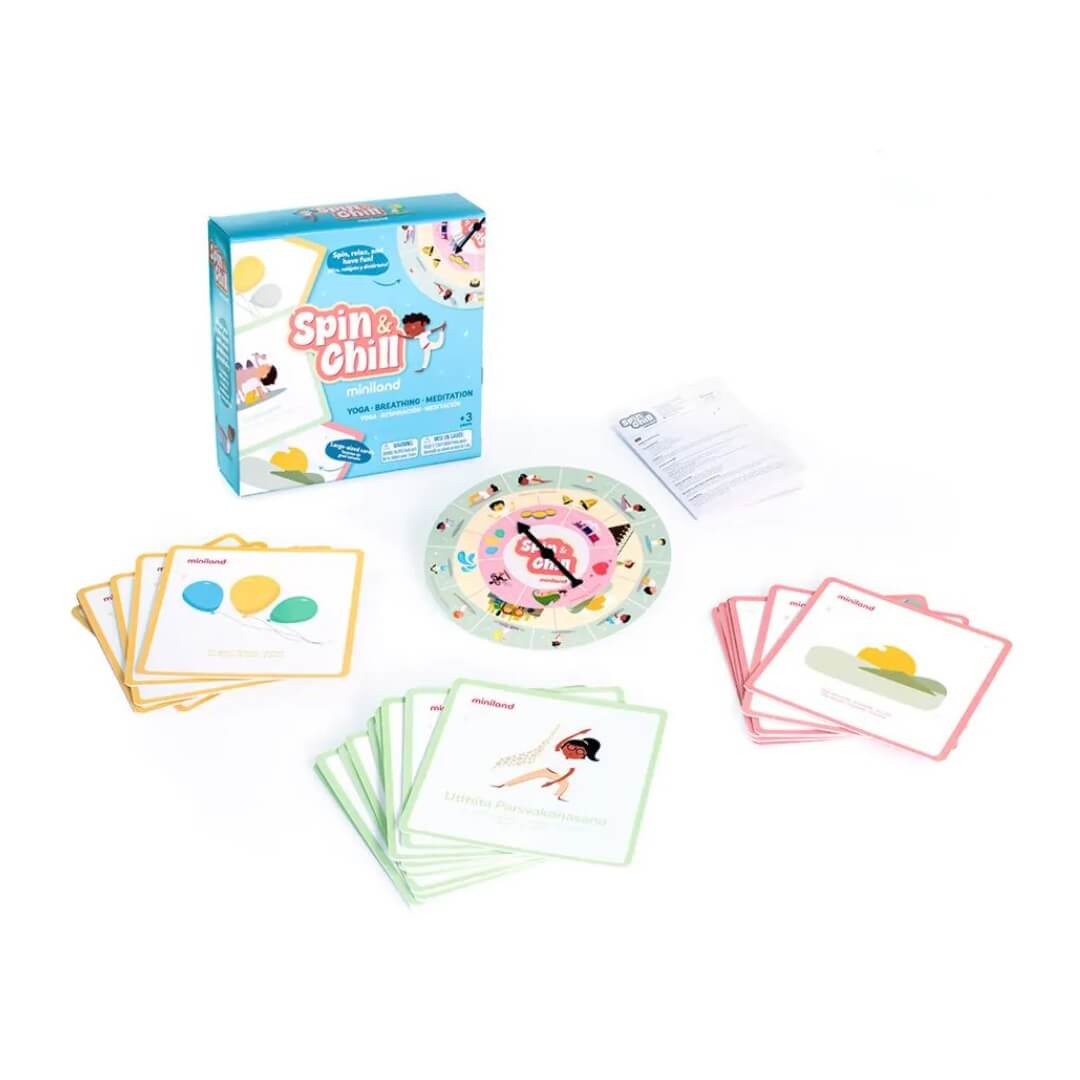 Miniland Spin & Chill Mindfulness Game set with illustrated box, colorful activity cards, round spinner board, and instruction sheets displayed on a white background.