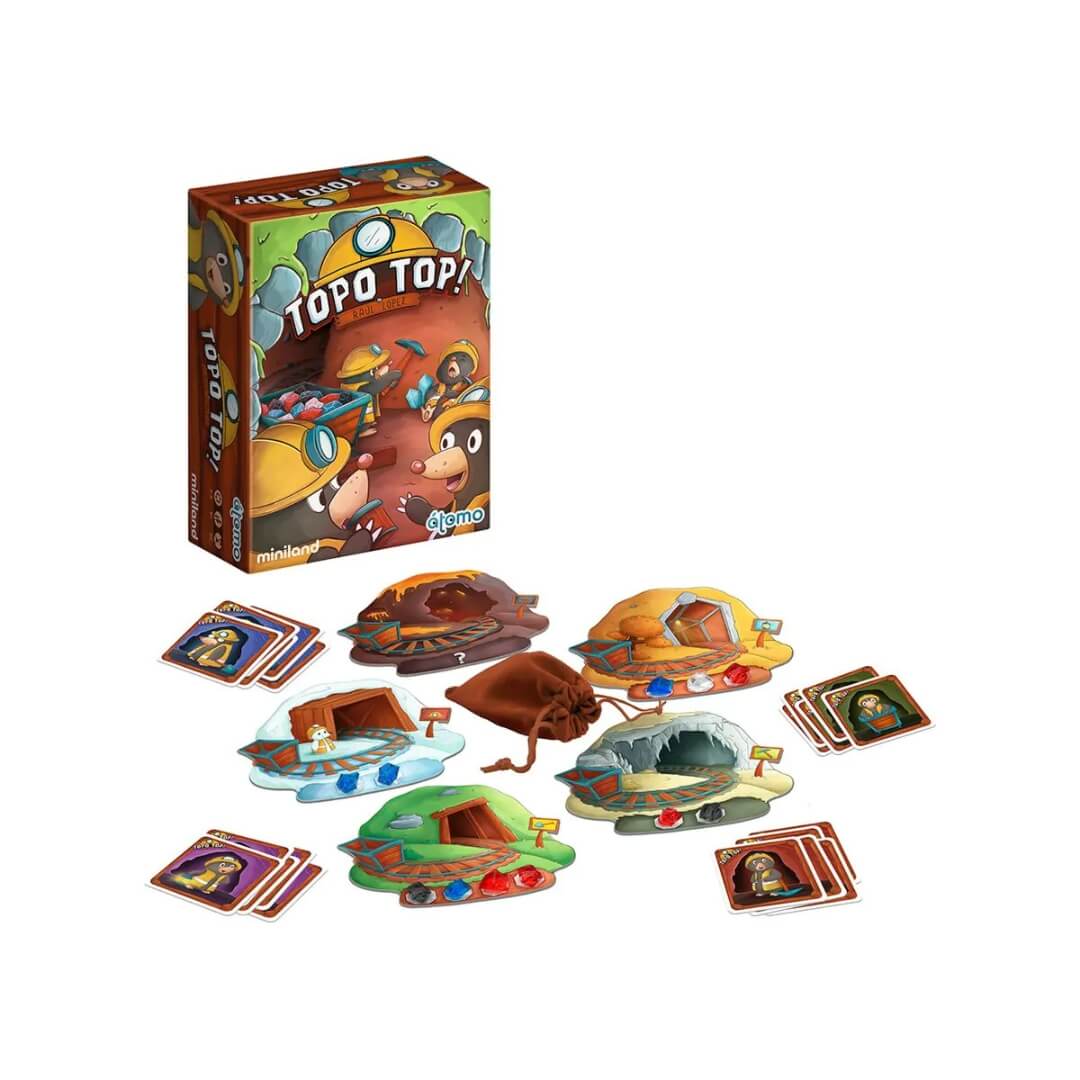 Miniland Topo Top board game with illustrated box, mole-themed game boards, gem tokens, and mining wagon pieces displayed on a white background.