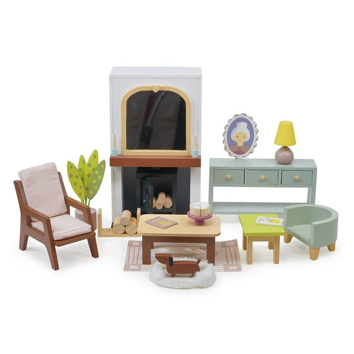 Living room furniture set included in Tender Leaf Toys Mulberry Mansion Wooden Dollhouse