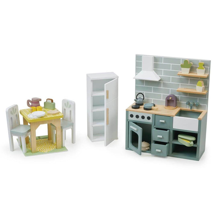 Kitchen set included in Tender Leaf Toys Mulberry Mansion Wooden Dollhouse