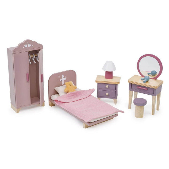 Bedroom set included in Tender Leaf Toys Mulberry Mansion Wooden Dollhouse