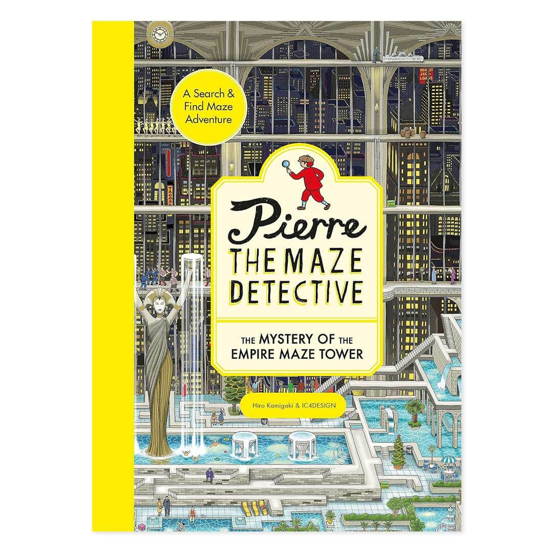 Pierre the Maze Detective - the mystery of the Empire Maze Tower book cover with a water maze inside a skyscraper