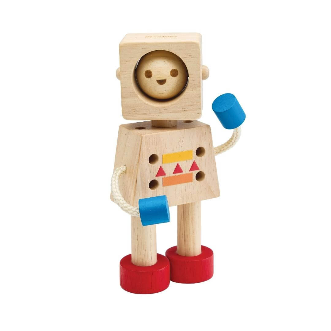 PlanToys Montessori Moodbot Wooden Robot with changeable facial expressions, poseable arms and legs, made from natural wood with red feet and blue hands.