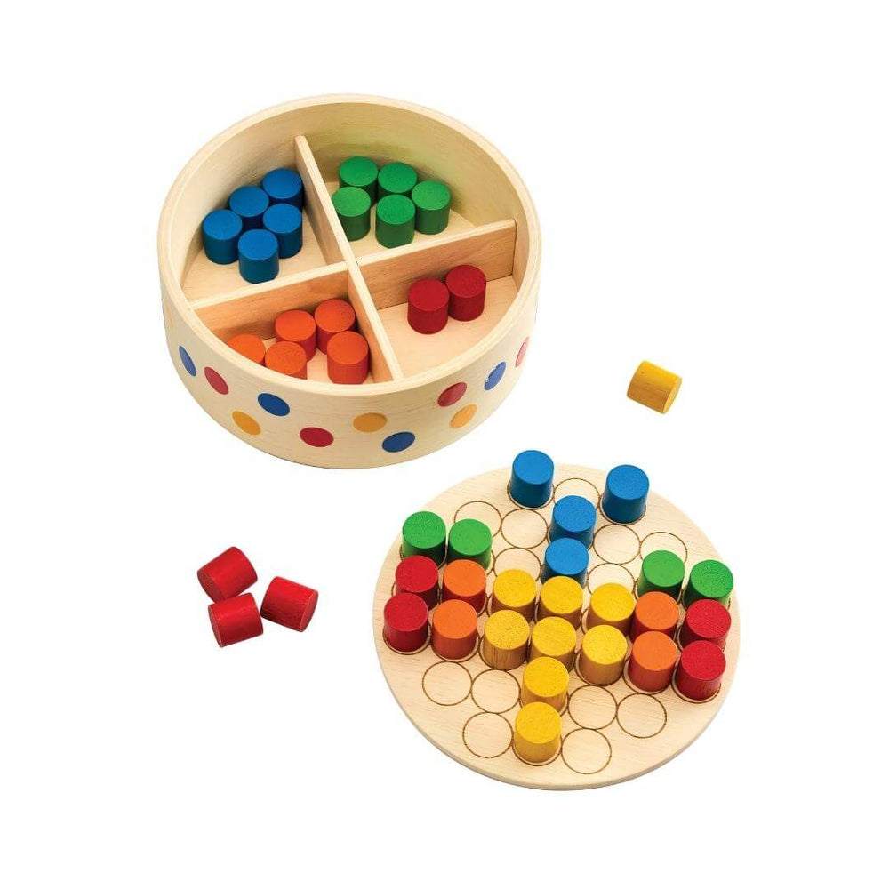 PlanToys Montessori Peg Board Set with round wooden container of colorful pegs and a board showing a butterfly-shaped peg pattern.