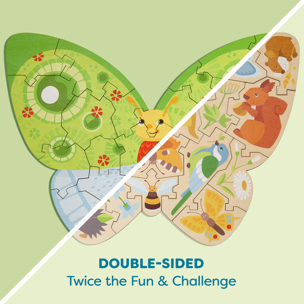 Double-sided butterfly-shaped puzzle with butterfly design on one side and animal illustrations on the other.
