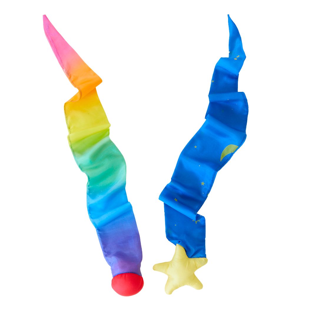 Sarah's Silks Sky Tails- Silk toys rainbow and night sky decorated- Bella Luna Toys