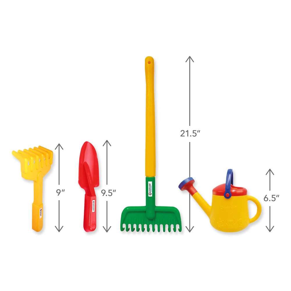 Yellow hand rake measures 9", red spade measures 9.5", long handled garden rake measures 21.5", and watering can measures 6.5"