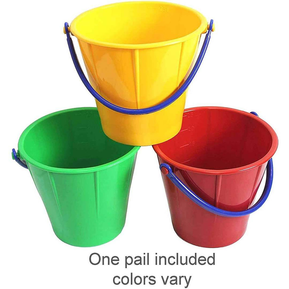 Spielstabil Sand Pail in yellow, red, and green with blue handles
