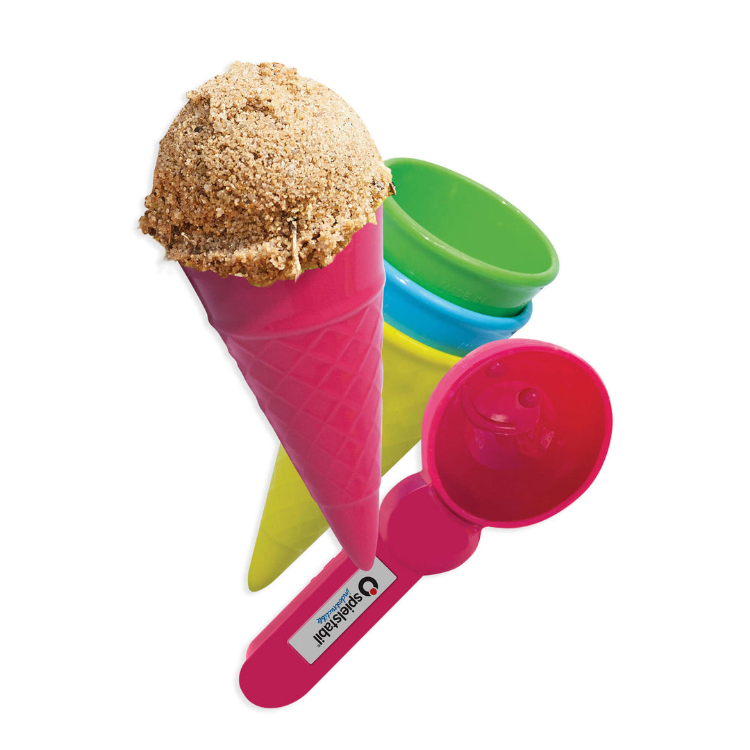 Spielstabil Ice Cream Sand Play Set with pink, lime green, blue, and green cones and pink scoop