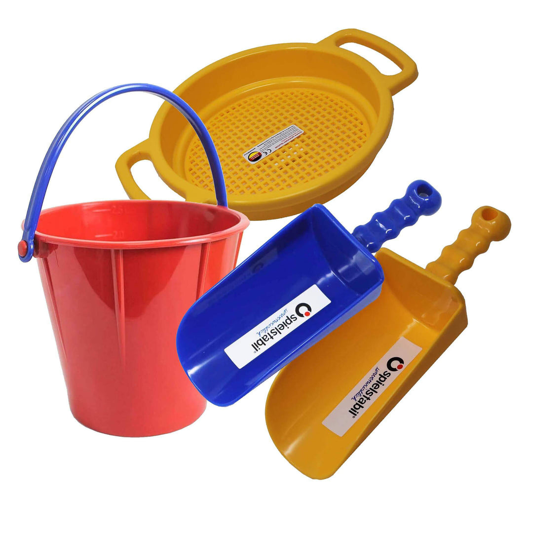 Spielstabil 4 Piece Large Sand Toys Bundle with red pail, blue scoop, yellow scoop, and yellow sieve