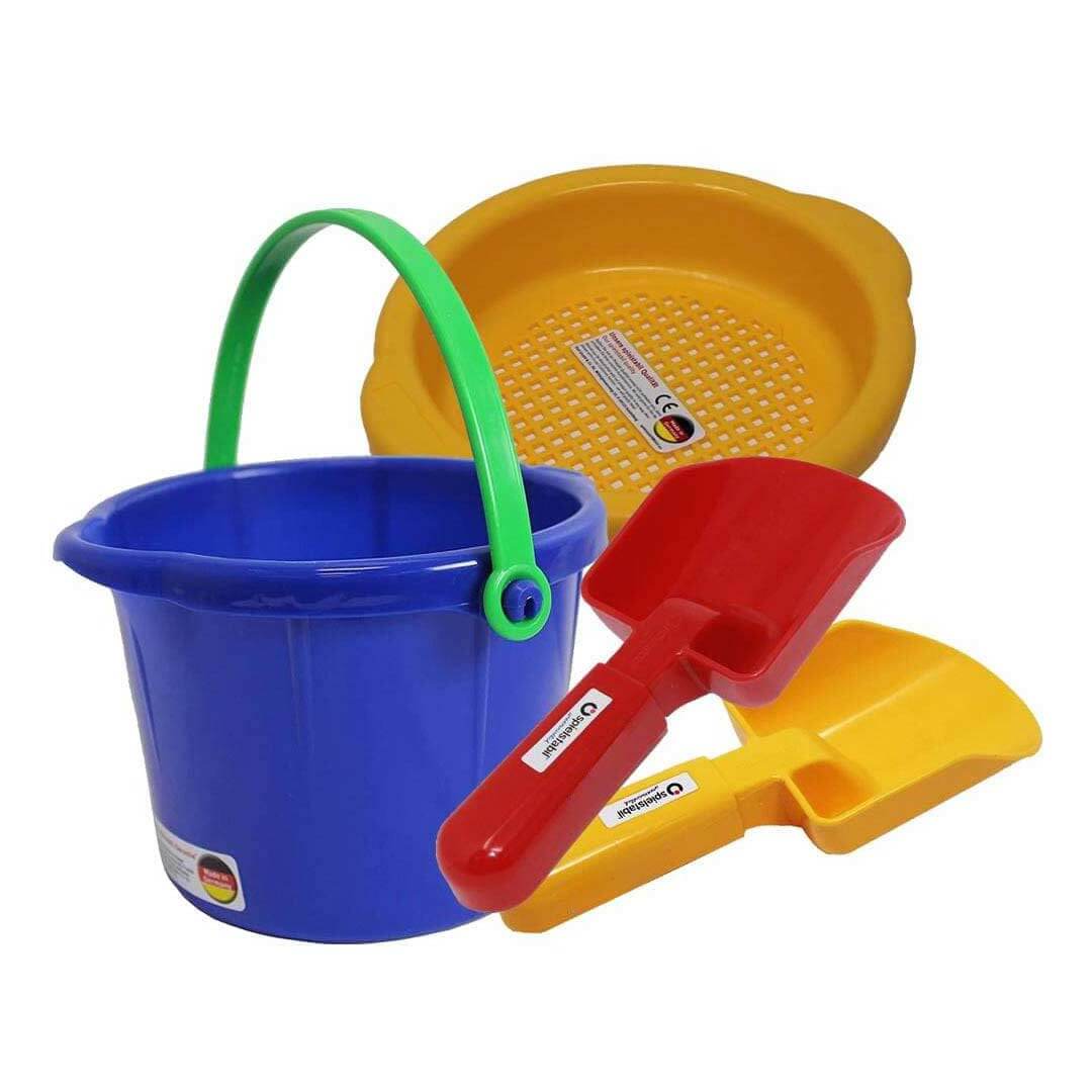 Spielstabil 3 Piece Sand Toys Bundle with yellow sieve, blue pail, red scoop, and yellow scoop