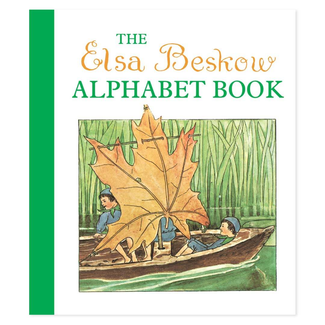 The Elsa Beskow Alphabet Book cover with 3 boys in a wooden canoe with a leaf sail