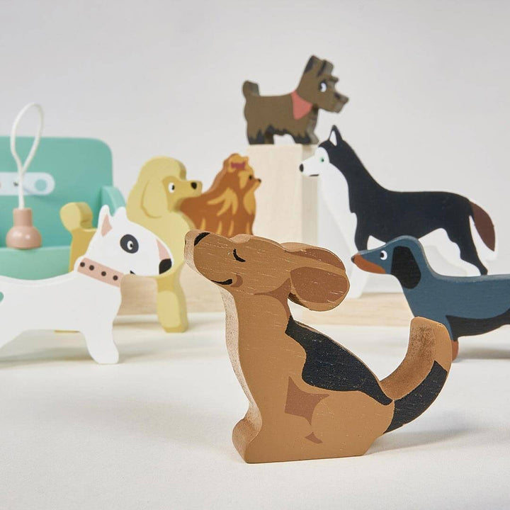 Close up of wooden dogs from Tender Leaf Toys Waggy Tails Wooden Dog Salon