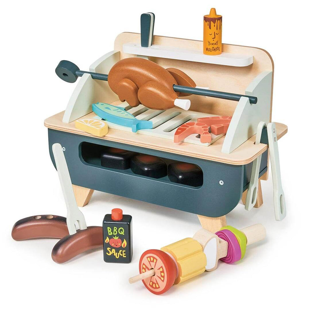 Chicken, fish and shrimp on the grill of Tender Leaf Toys Wooden Barbeque Play Set