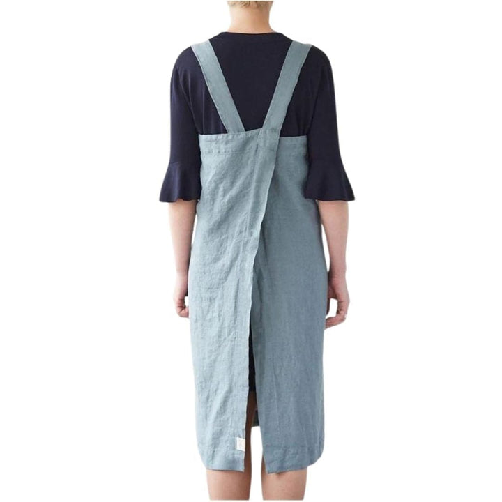 Blue Fog Washed Linen Pinafore Apron - Adult size, back view