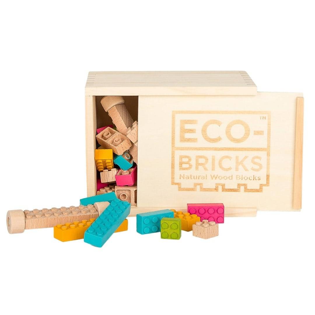 Wooden Legos - Eco-Bricks Color - Natural Interlocking Blocks - Bella Luna Toys