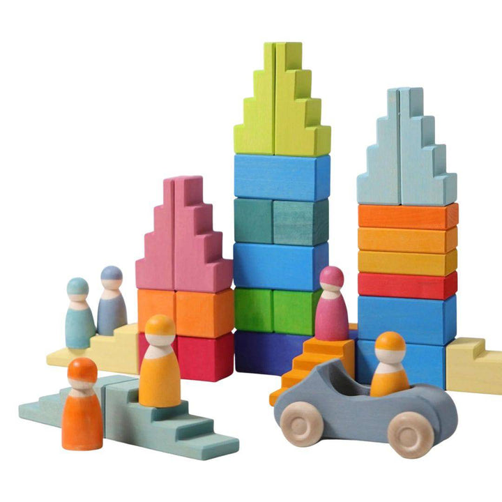 Playscene with Wooden Stepped Roofs Building Blocks Set - Pastel