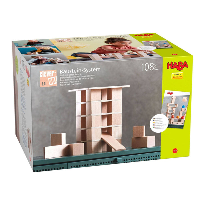 Box for Clever Up! Unit Wooden Building Blocks 3.0 demonstrating how the blocks can be used to build a tower.
