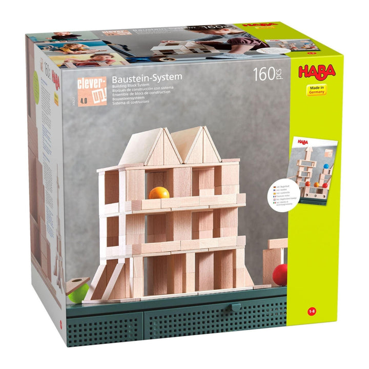 Box for Clever Up! Unit Wooden Building Blocks 4.0 demonstrating how the blocks can be made into a building.