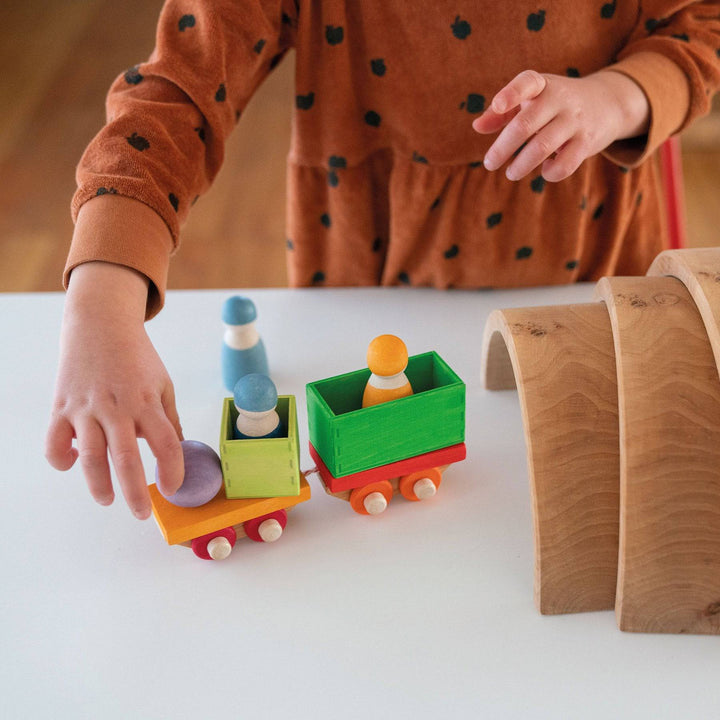 Grimm's Construction Game Wooden Train Going Through Tunnel - Bella Luna Toys