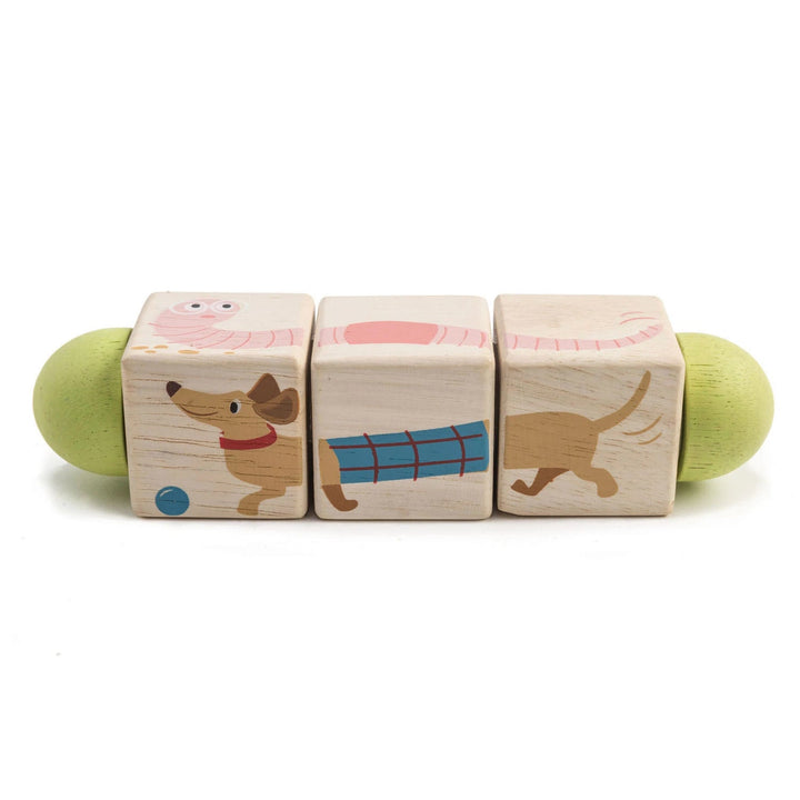 Twisting cubes showing pink bookworm on top and long brown dog with blue ball on front-facing side- Bella Luna Toys