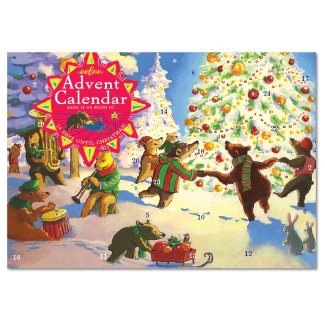 eeBoo Advent Calendar - Winter Collection- Christmas- Bears dancing in holiday garb- around a decorated Christmas tree- Bella Luna Toys