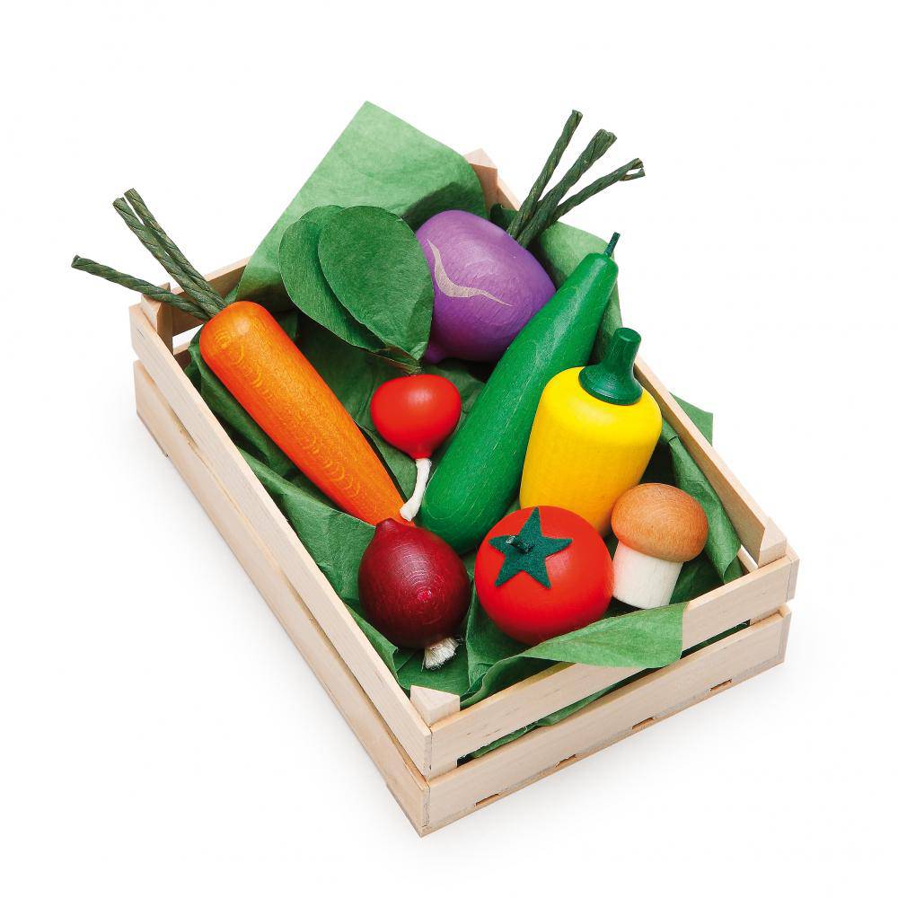 Assorted Wooden Vegetables in Crate