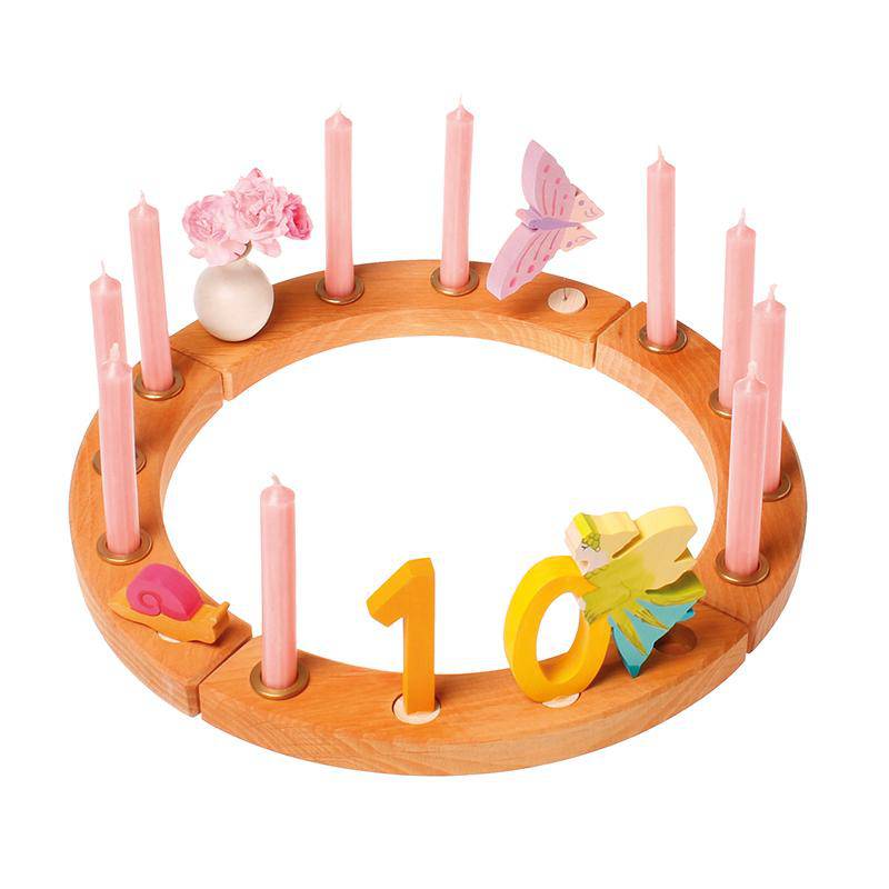 Grimm's Wooden Waldorf Birthday Ring - 16 Holes - Natural with Decorations - Bella Luna Toys