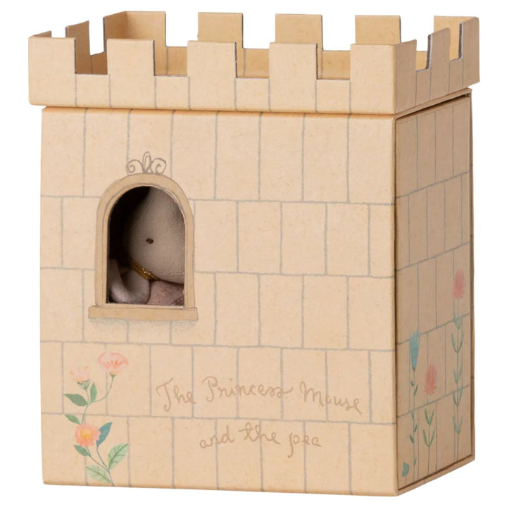 Maileg Princess and the pea, Big sister mouse - A castle shaped box has a cutout window, with the princess mouse face peeping through - Bella Luna Toys