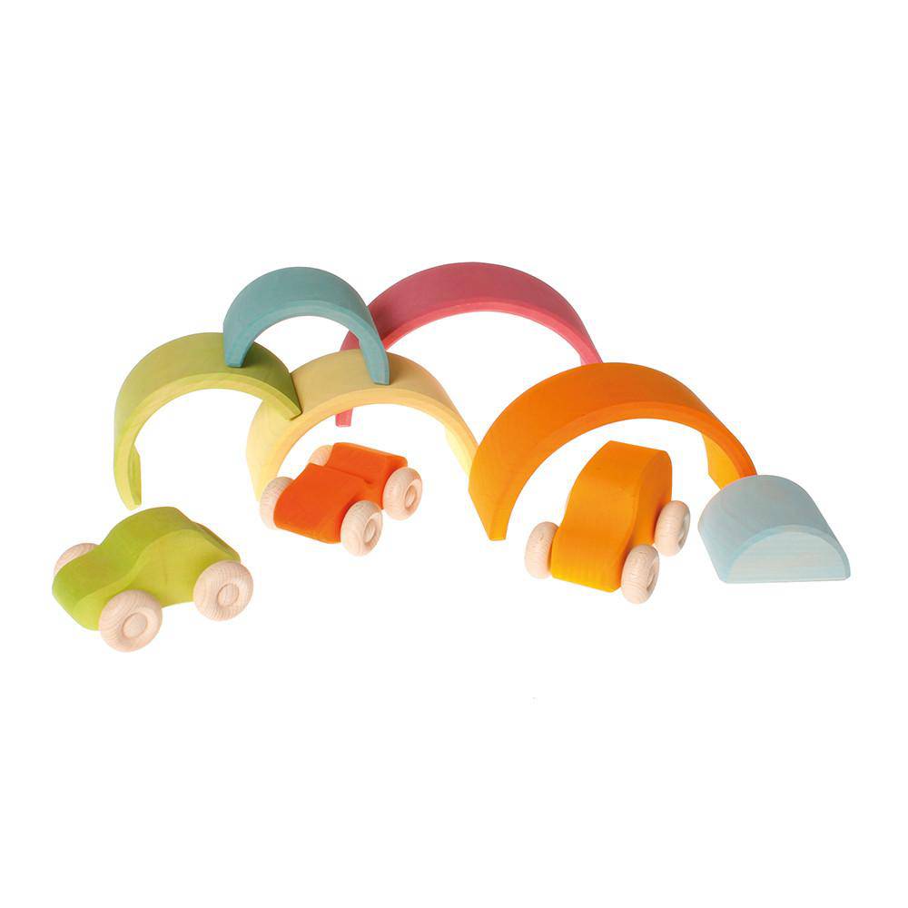 Grimm's Pastel Wooden Rainbow Tunnel with Cars