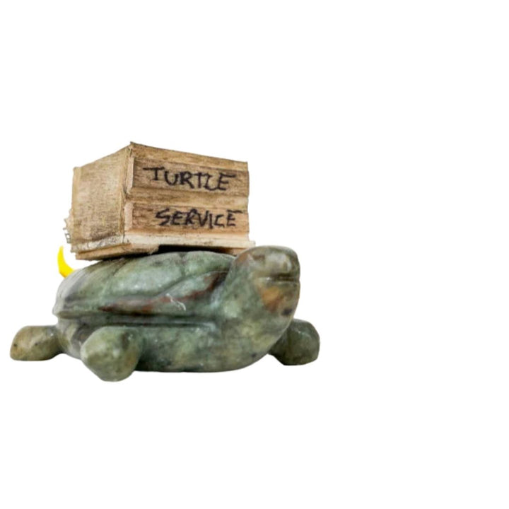 StudioStone- Green turtle soapstone carving carrying miniature box on his back- Bella Luna Toys