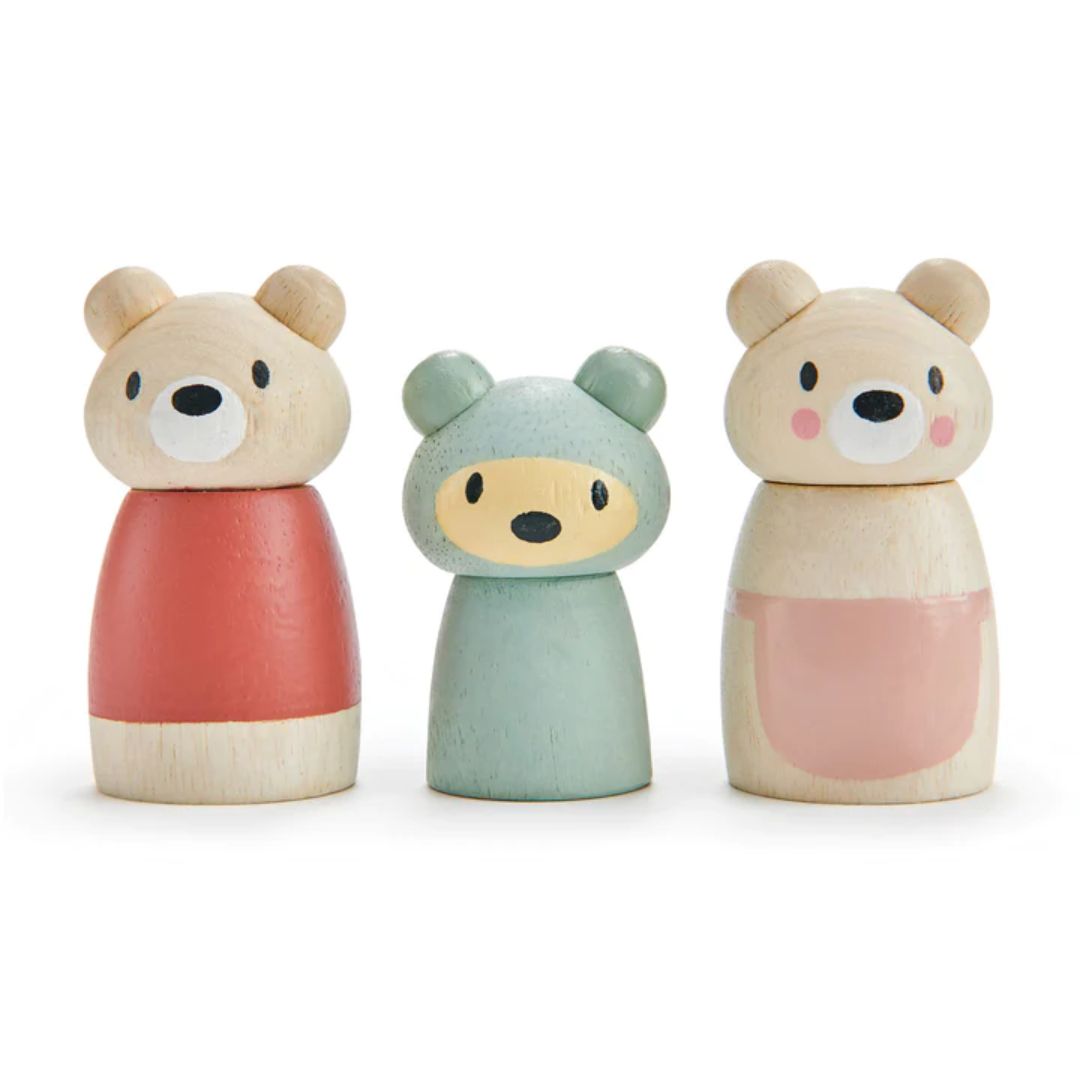 Tender Leaf Toys wooden toy bear with red shirt, wooden toy bear painted blue, and wooded toy bear with pink apron- Bella Luna Toys
