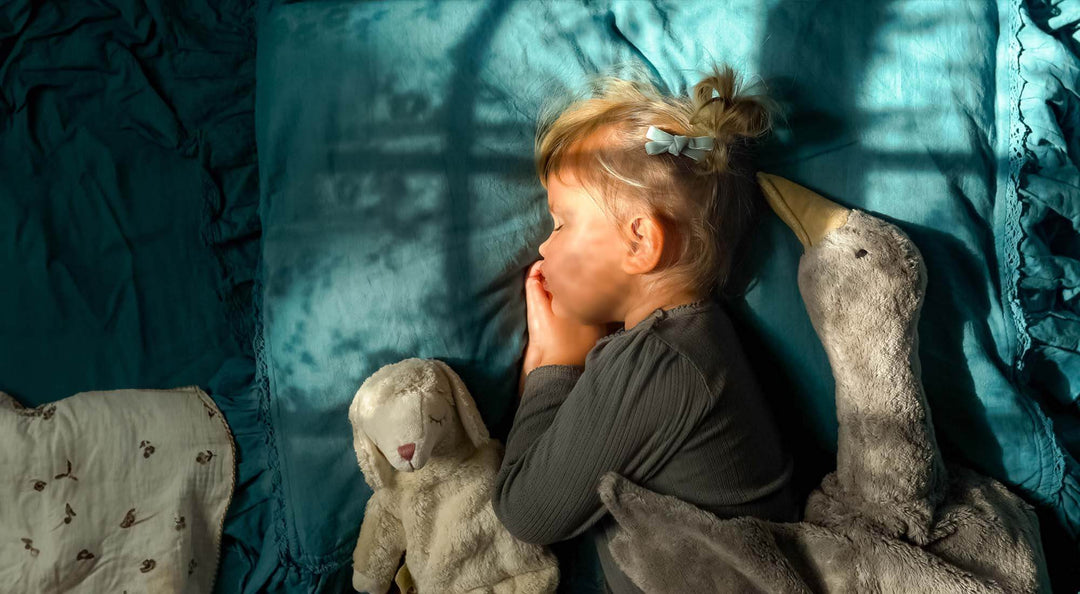 A girl is with her Senger stuffed animals.